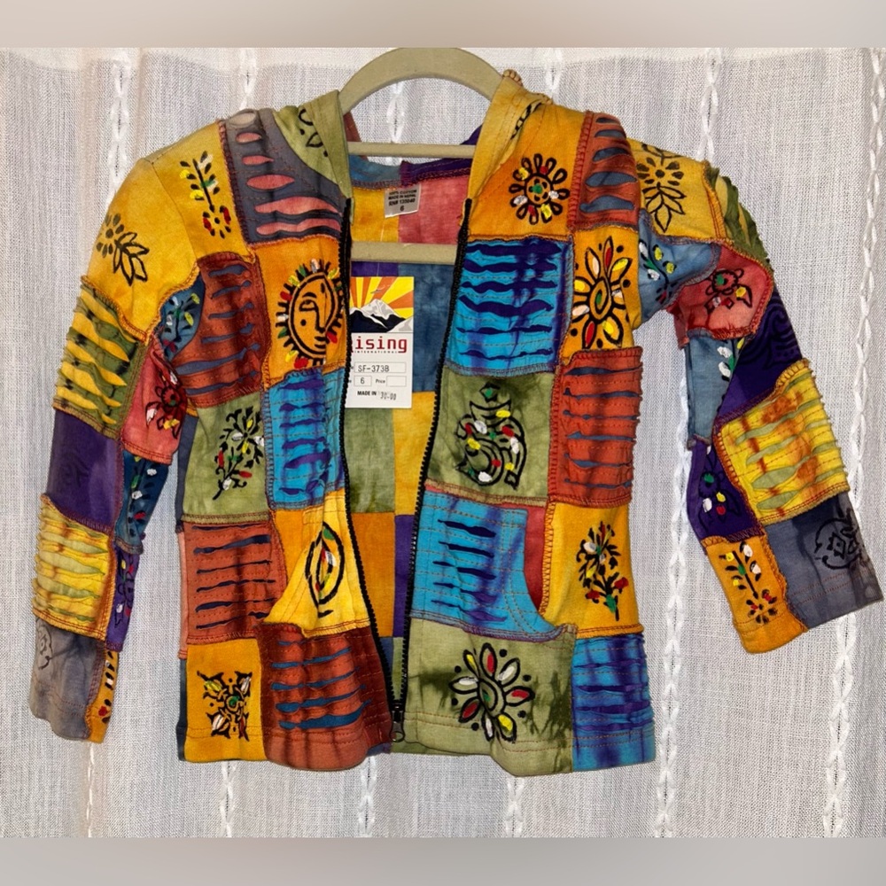 NWTs Rising International, patchwork, hooded sweatshirt. Zip up w/pockets. Sz. 6
